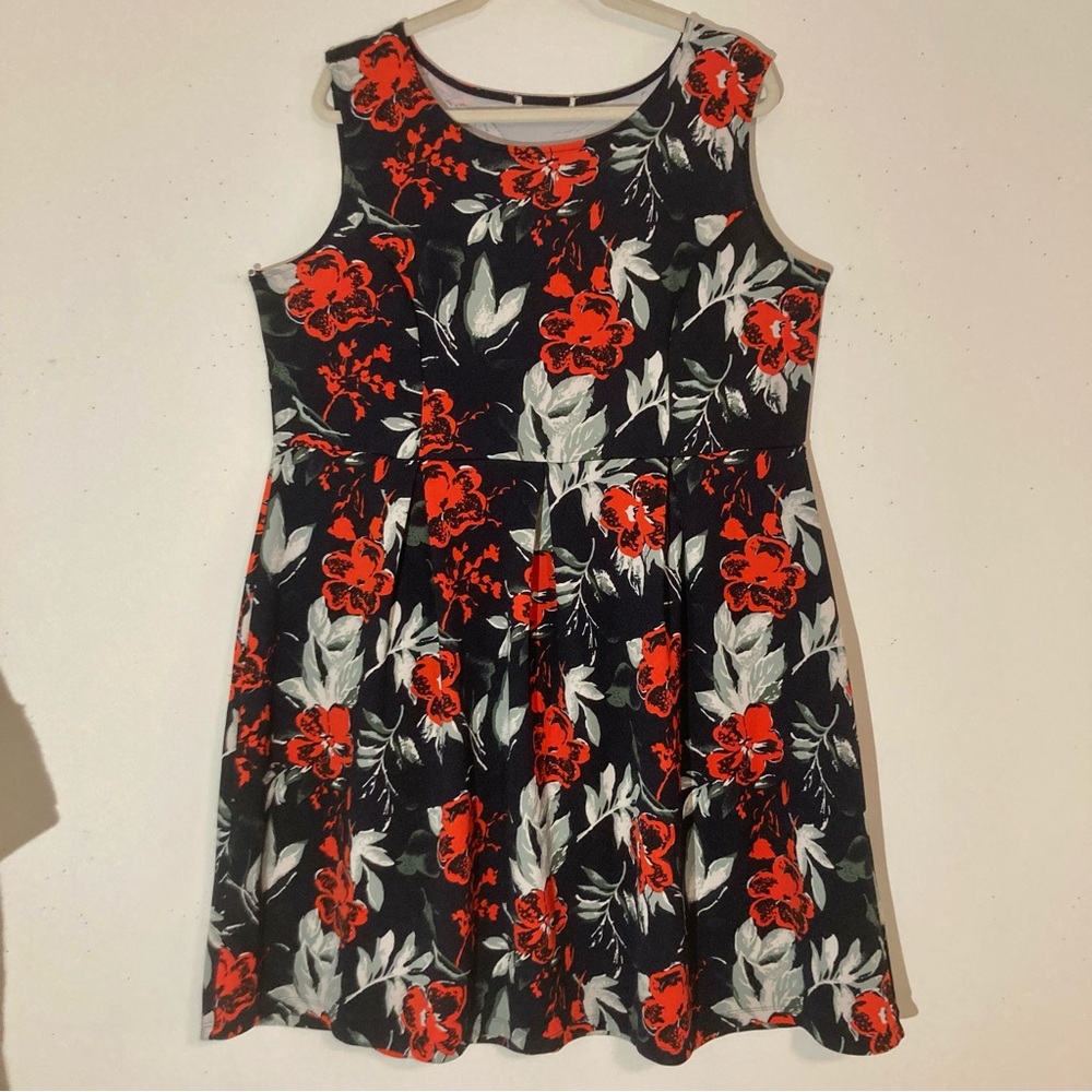Gilli Navy Red Gray Floral Knee-Length Sleeveless Skater Dress, Sz 1X, Made USA
